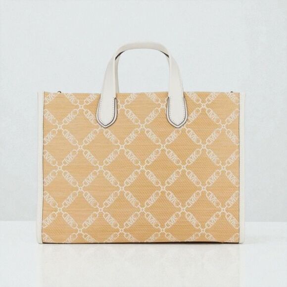 MICHAEL KORS Gigi Small Tote Bag Yellow White MK Emepire Logo Jaquard - Picture 2 of 3